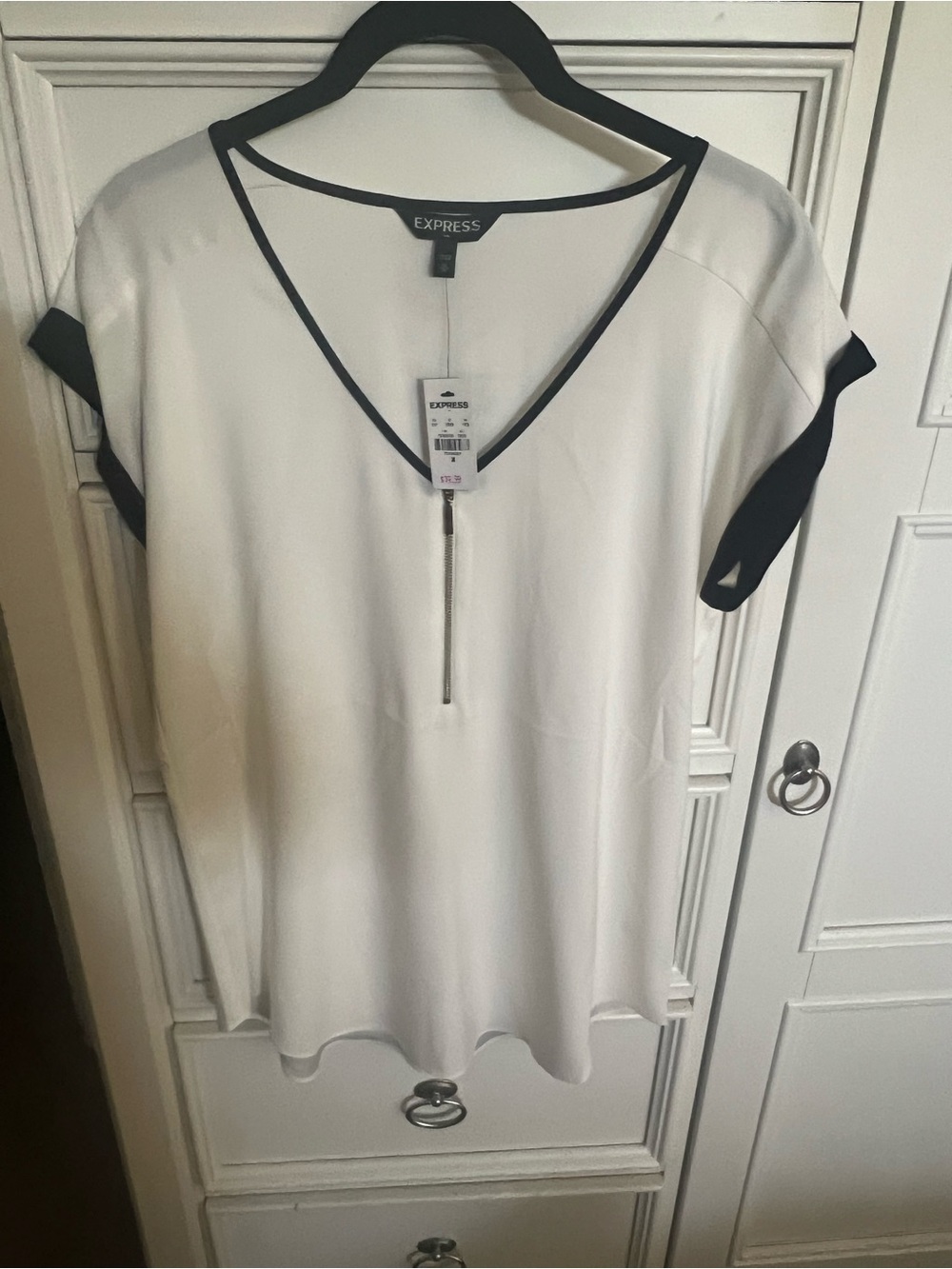 Express White V-Neck Top with Black Trim and Front Zip